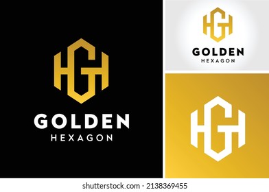 Golden Initial Letter GH HG H G with Gold Hexagon Geometric Shape Luxury logo design