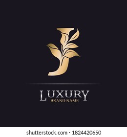 Golden Initial Letter J. Elegant design letter J with floral branch. Luxury Gold Logo Icon. Vintage alphabet concept with floral ornate for monogram, initial, heraldy, logo, business, wedding card.