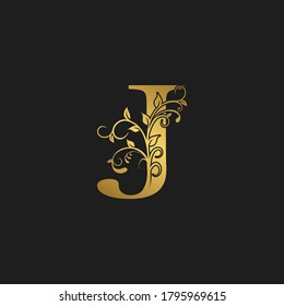 Golden  Initial Letter J Logo Icon,  Botanical Nature Leaf  Vector Logo Template Design.