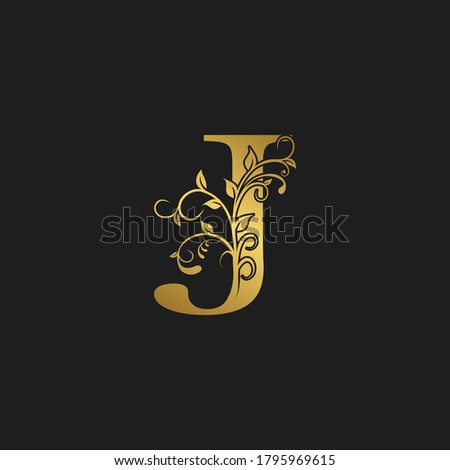 Golden  Initial Letter J Logo Icon,  Botanical Nature Leaf  Vector Logo Template Design.