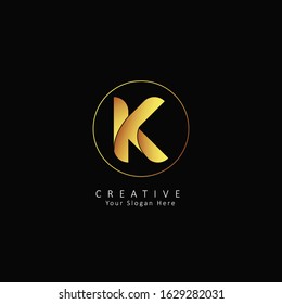 Golden Initial Letter K Logo with Circle Element. Design Vector Origami Logo Template. Funny Entertainment Active Sport Technology areas Typeface. Colorful rounded Letters