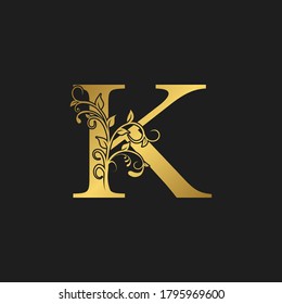Logo-Symbol des Golden Initial Letter K, Botanischer Nature Leaf-Vektor-Logo-Vorlage Design.