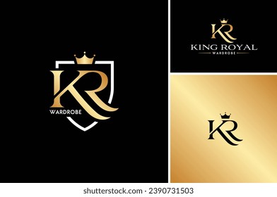 Golden Initial Letter KR Luxury Monogram with Queen King Prince Pincess Crown and Shield for Royal Jewelry Jewellery Premium Brand Logo Design