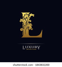 Golden initial letter L with floral leaves. Luxury Natural Logo Icon. Elegant botanic design. Modern alphabet with branch ornament for monogram, emblem, initial, label, brand, business, greeting cards