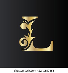Golden Initial Letter L with simple floral leaves. Luxury Natural Logo Icon. Elegant botanic design Vector illustration