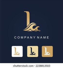 Golden Initial Letter L with Water Wave for Luxury Logo Business Idea Template. Resort Hotel Swimming Pool Travel Logo