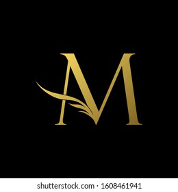 Golden Initial Letter M logo icon, simple vector design concept wing with letter for initial, luxury business indentity.