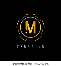 Golden Initial Letter M Logo Design with Circle Element. Linked Typography M Dot Letter Logo Design.