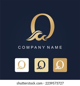 Golden Initial Letter O with Water Wave for Luxury Logo Business Idea Template. Resort Hotel Swimming Pool Travel Logo