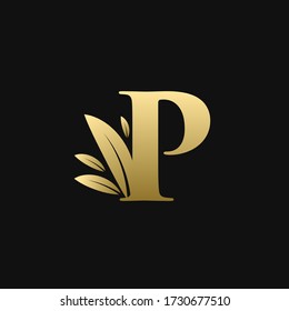 Logotipo de la letra inicial dorada P Leaf