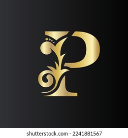 Golden Initial Letter p with simple floral leaves. Luxury Natural Logo Icon. Elegant botanic design Vector illustration