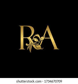 Letra inicial dorada R y A, icono de logotipo de lujo de RA, plantilla de diseño de logotipo de carta de oro de época