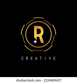 Golden Initial Letter R Logo Design with Circle Element. Linked Typography R Dot Letter Logo Design.