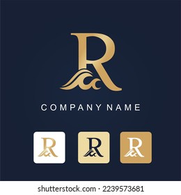 Golden Initial Letter R with Water Wave for Luxury Logo Business Idea Template. Resort Hotel Swimming Pool Travel Logo