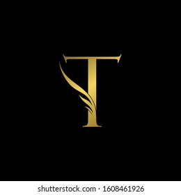 Golden Initial Letter T logo icon, simple vector design concept wing with letter for initial, luxury business indentity.