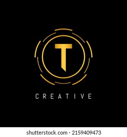 Golden Initial Letter T Logo Design with Circle Element. Linked Typography T Dot Letter Logo Design.