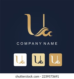 Golden Initial Letter U with Water Wave for Luxury Logo Business Idea Template. Resort Hotel Swimming Pool Travel Logo