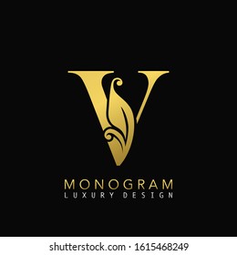 Golden Initial Letter V Luxury logo icon, classy vintage design concept floral leaves  for  luxuries business, hotel, wedding service and more company identity.