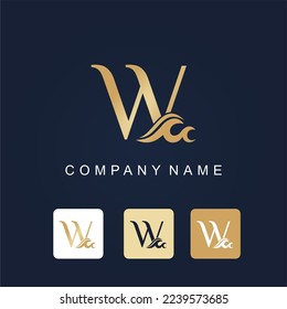 Golden Initial Letter W with Water Wave for Luxury Logo Business Idea Template. Resort Hotel Swimming Pool Travel Logo