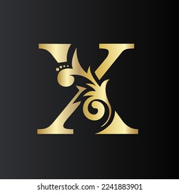 Golden Initial Letter X with simple floral leaves. Luxury Natural Logo Icon. Elegant botanic design Vector illustration
