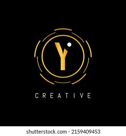 Golden Initial Letter Y Logo Design with Circle Element. Linked Typography Y Dot Letter Logo Design.