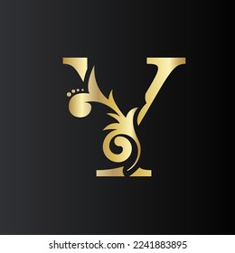 Golden Initial Letter Y with simple floral leaves. Luxury Natural Logo Icon. Elegant botanic design Vector illustration