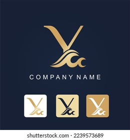 Golden Initial Letter Y with Water Wave for Luxury Logo Business Idea Template. Resort Hotel Swimming Pool Travel Logo