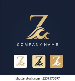 Golden Initial Letter Z with Water Wave for Luxury Logo Business Idea Template. Resort Hotel Swimming Pool Travel Logo
