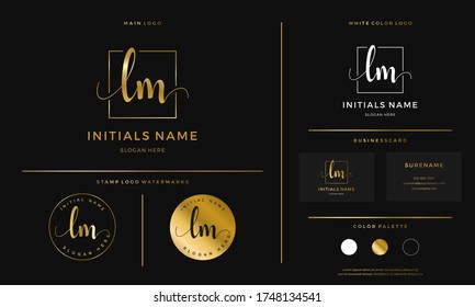 golden Initial LM letter L M handwriting logo design line square. Feminine branding template vector on gold color