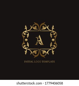 Logo de Golden A Initial. Emblema de marco ampersy decoración monograma lujoso modelo de logotipo para boda o más lujo identidad