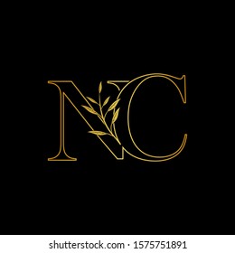 Golden initial N and C, NC, CN letter logo icon, outline vintage design concept classic nature leaves with letter gold color.