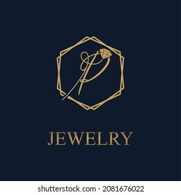 Letra P inicial dorada en hexágono geométrico con diamante para idea vectorial del logotipo de negocios de joyas