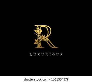 Golden Initial R letter luxury beauty flourishes vintage monogram logo perfect for boutique, wedding invitation, restaurant,hotel.