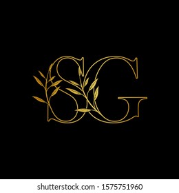 Golden initial S and G, SG, GS letter logo icon, outline vintage design concept classic nature leaves with letter gold color.
