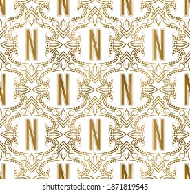 Golden initial seamless pattern with N letter. Heraldic vintage decorative wallpaper, fabric print or wrapping.