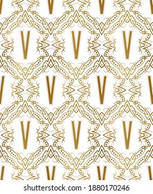 Goldenes anfängliches nahtloses Muster mit V-Buchstaben. Heraldisches Vintage dekoratives Tapete, Stoffdruck oder Umhüllung.