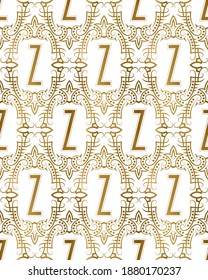 Golden initial seamless pattern with Z letter. Heraldic vintage decorative wallpaper, fabric print or wrapping.