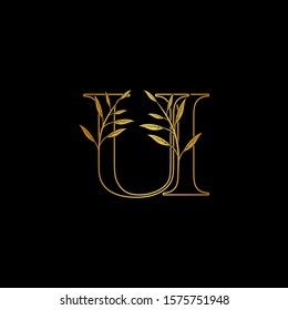 Golden initial  U and I, UI, IU letter logo icon, outline vintage design concept classic nature leaves with letter gold color.