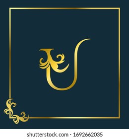 Icono del logotipo de la carta de lujo Golden Initial U, identidad de marca Ornate Business o concepto de diseño del vector del logotipo inicial de la boda.