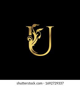 Golden Initial U Luxury Letter Logo Icon vector design ornate swirl nature floral concept.