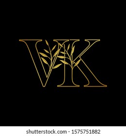 Golden initial  V and K, VK, KV letter logo icon, outline vintage design concept classic nature leaves with letter gold color.