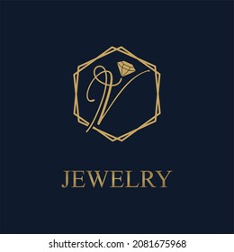 Golden Initial V Letter in Geometric hexagon with diamond for Jewelry business logo vector idea