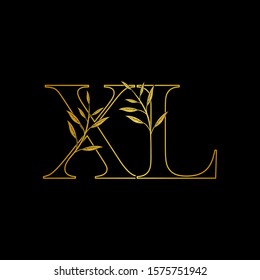 Golden initial  X and L, XL, LX letter logo icon, outline vintage design concept classic nature leaves with letter gold color.