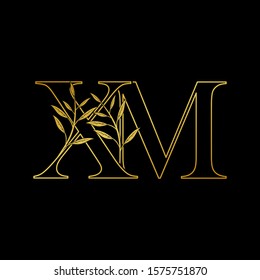 Golden initial  X and M, XM, MX letter logo icon, outline vintage design concept classic nature leaves with letter gold color.