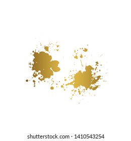 Golden Ink blot splashing on white background. A drop of ink, diffuse spots.