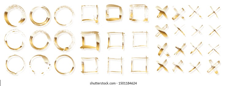 Conjunto vectorial de trazos de pincel dorado. Líneas de cepillo secas a mano libre. Elementos geométricos de estilo ondulado, círculos, cuadrados, cruces.