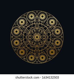 Golden ink geometric mandala linear vector illustration. Ethnic oriental symbol isolated on black