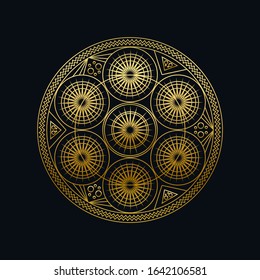 Golden ink geometric mandala linear vector illustration. Ethnic oriental symbol isolated on black