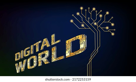 Golden inscription Digital World in perspective and digital brain in form of tree on dark blue background. Vector illustration.