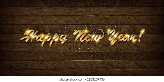 Golden inscription Happy New Year 2019 on wooden background. Vector illustration